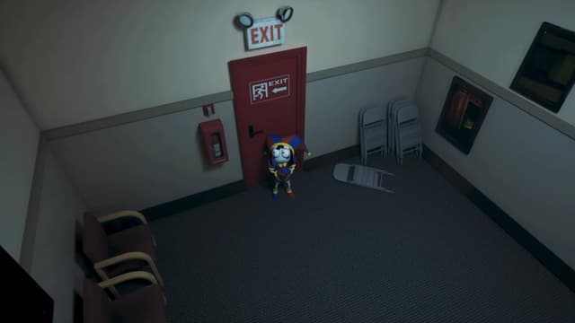 Pomni from *The Amazing Digital Circus* frightened next to an exit door